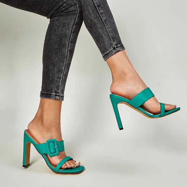 summer design buckle high heel women's shoes square toe roman slippers size 35-42, Black