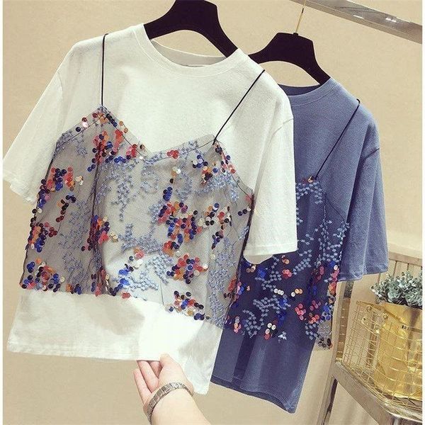 women's t-shirt mesh mock two-piece splicing clothing korean version of the 19 summer red round neckline priming, White
women's t-shirt mesh mock two-piece splicing clothing korean version of the 19 summer red round neckline priming, White