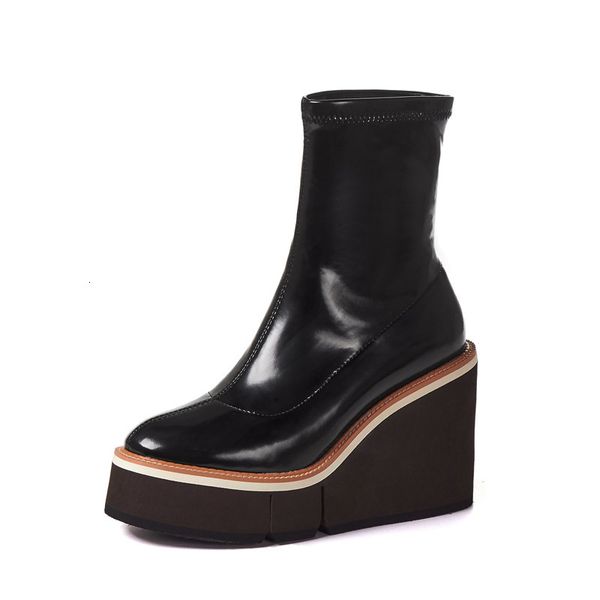 asumer leather stretch thin fashion shoes women's party boots, Black
