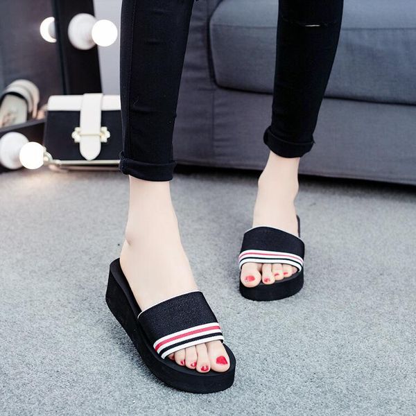 slippers 2021 summer slipper women's striped sandals platform open toe beach shoes wholesale, Black