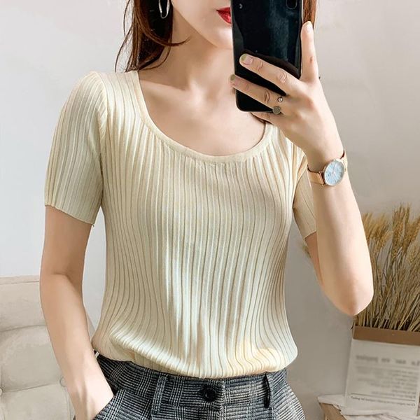 women's t-shirt summer solid color square neck round thin short sleeve ice silk knitted, White
women's t-shirt summer solid color square neck round thin short sleeve ice silk knitted, White