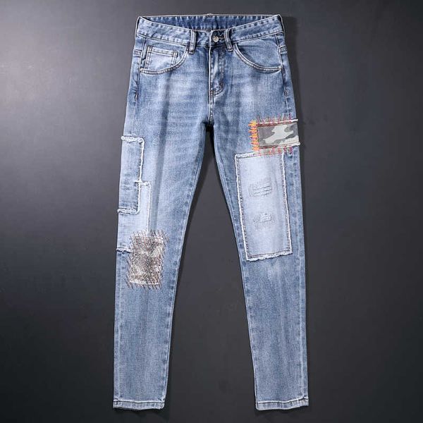 men's jeans american streetwear fashion slim fit retro light blue elastic cotton ripped patches designer hip hop pants b7vk
men's jeans american streetwear fashion slim fit retro light blue elastic cotton ripped patches designer hip hop pants b7vk