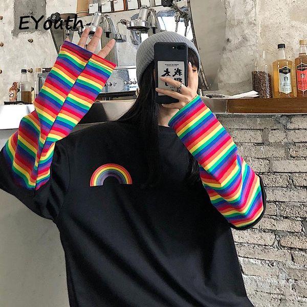 women's t-shirt harajuku women fake two-piece rainbow striped 2021 spring and autumn black stitching long-sleeved t-shirts, White
women's t-shirt harajuku women fake two-piece rainbow striped 2021 spring and autumn black stitching long-sleeved t-shirts, White