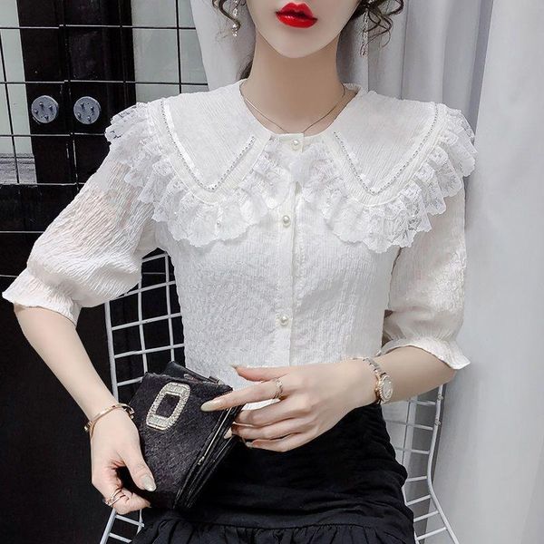 women's blouses & shirts women 2021 summer fashion solid color loose female short sleeve lace ladies thin single breasted n250, White
women's blouses & shirts women 2021 summer fashion solid color loose female short sleeve lace ladies thin single breasted n250, White