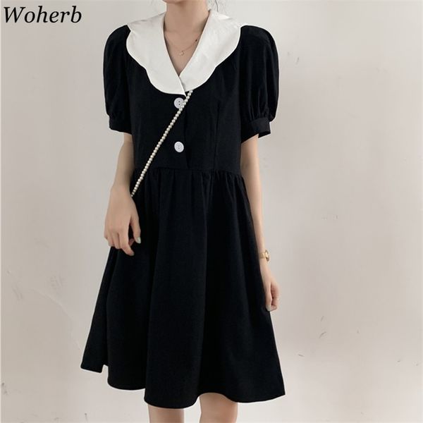 korean elegant midi dress women summer peter pan collar short sleeve ladies vestidos vintage high waist slim dresses 210519, Black;gray
korean elegant midi dress women summer peter pan collar short sleeve ladies vestidos vintage high waist slim dresses 210519, Black;gray