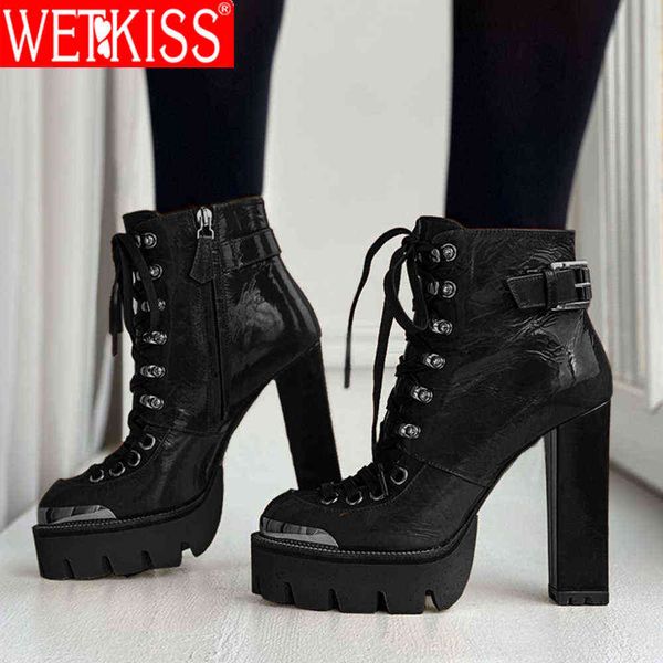 wetkiss women's ankle boots high heels fashion patent leather platform lace up side zipper round toe black lady winter boots 210630
wetkiss women's ankle boots high heels fashion patent leather platform lace up side zipper round toe black lady winter boots 210630