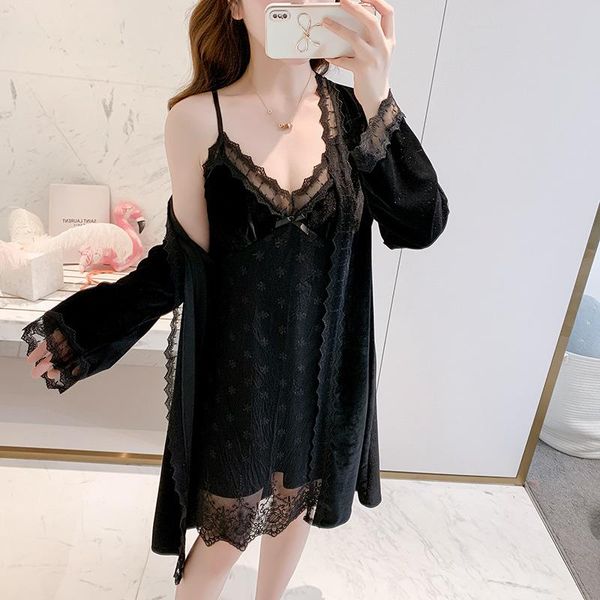 women's sleepwear autumn velour nighty&robe set women nightgown lace kimono bath gown loose casual home clothes velvet loungewear, Black;red
women's sleepwear autumn velour nighty&robe set women nightgown lace kimono bath gown loose casual home clothes velvet loungewear, Black;red
