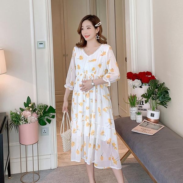 382# maternity clothes summer chiffon floral dress v neck short sleeves easy matching loose pregnant women mom dresses, White
382# maternity clothes summer chiffon floral dress v neck short sleeves easy matching loose pregnant women mom dresses, White