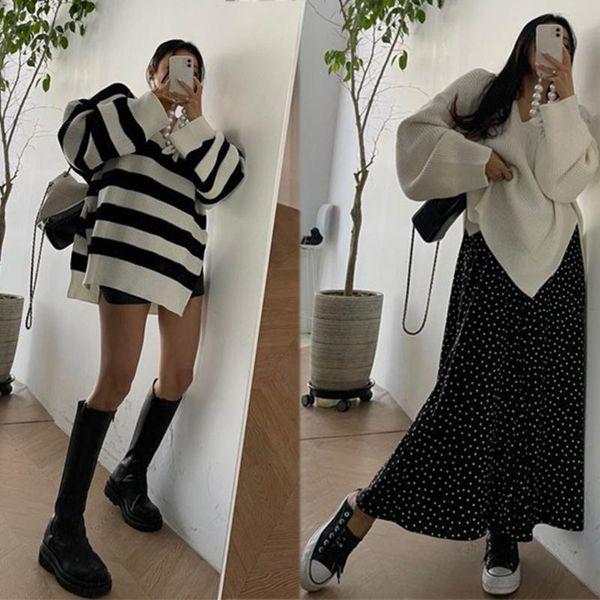 women's sweaters south korea 2021 autumn winter contracted lazy fan temperament v collar loose side slit stripe sweater tide, White;black
women's sweaters south korea 2021 autumn winter contracted lazy fan temperament v collar loose side slit stripe sweater tide, White;black