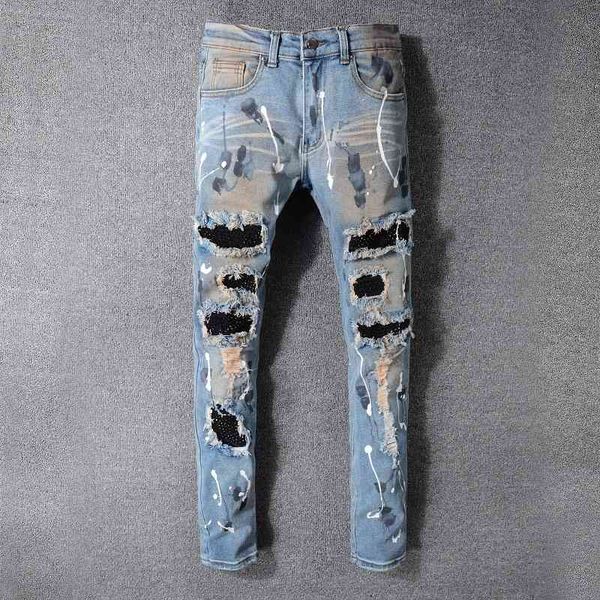 men's jeans hip hop rhinstone stretch retro painted skinny cotton denim pants ripped fashion washed hole big size xgau, Blue
men's jeans hip hop rhinstone stretch retro painted skinny cotton denim pants ripped fashion washed hole big size xgau, Blue