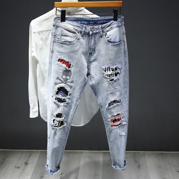men's jeans denim fashion print personality ripped hole patch trend spirit guy washed slim feet teenagers cropped trousers, Blue
men's jeans denim fashion print personality ripped hole patch trend spirit guy washed slim feet teenagers cropped trousers, Blue