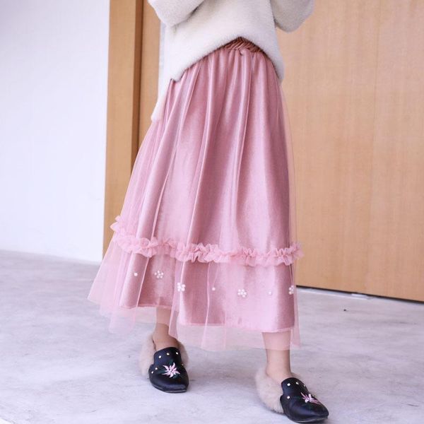 

skirts fashion kids girls gold velvet princess wedding party long skirt flower beads mesh rt817, Blue