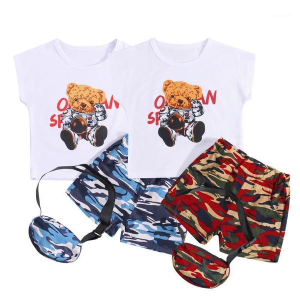 clothing sets fashion summer toddler baby girls boys clothes short sleeve bear print +camouflage shorts+messenger bag 3 pcs1, White 
clothing sets fashion summer toddler baby girls boys clothes short sleeve bear print +camouflage shorts+messenger bag 3 pcs1, White