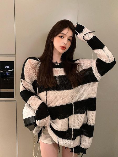 women's sweaters knitwear 2021 autumn style ripped irregular design striped loose mid-length sweater fashion kio, White;black
women's sweaters knitwear 2021 autumn style ripped irregular design striped loose mid-length sweater fashion kio, White;black