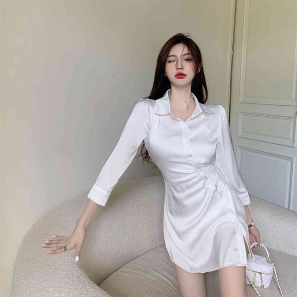 french fashion satin polo collar shirt dress design sense of minority irregular single breasted a-line short skirt for women, Black;gray
french fashion satin polo collar shirt dress design sense of minority irregular single breasted a-line short skirt for women, Black;gray