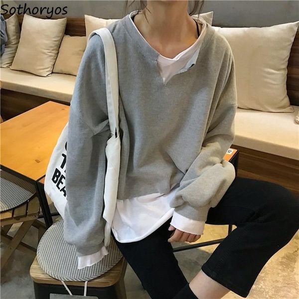 fake-two pieces no hat hoodies sweatshirts women all-match solid designed office lady elegant korean style chic baggy female women's &, Black
fake-two pieces no hat hoodies sweatshirts women all-match solid designed office lady elegant korean style chic baggy female women's &, Black