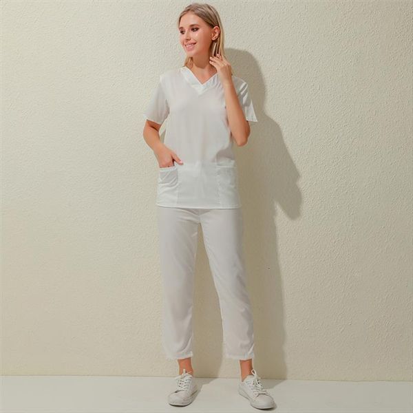 nursing uniforms suit womens pants v neck work clothes pocket solid color set short sleeve amp, White
nursing uniforms suit womens pants v neck work clothes pocket solid color set short sleeve amp, White