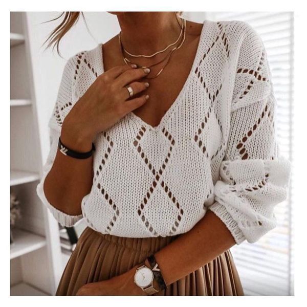 women long-sleeved knitwear v-neck diamond hollow loose blouse casual solid color white women's sweaters, White;black
women long-sleeved knitwear v-neck diamond hollow loose blouse casual solid color white women's sweaters, White;black