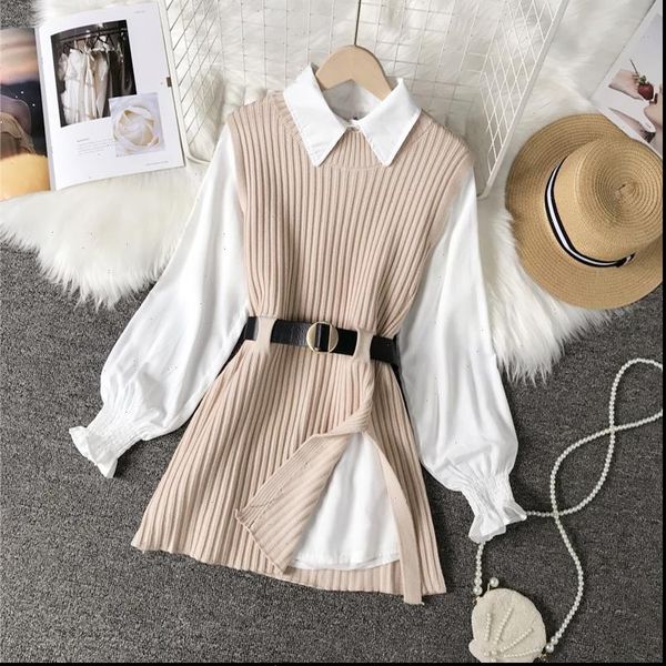 spring autumn lantern sleeve shirt womens dresses knitted vest two sets of college style waistband y900, White
spring autumn lantern sleeve shirt womens dresses knitted vest two sets of college style waistband y900, White