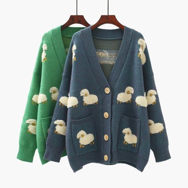 women's knits & tees 2021 sprin autumn knitted female cardigan loose streetwear knit sweater coat cute cartoon print v neck women fw, White
women's knits & tees 2021 sprin autumn knitted female cardigan loose streetwear knit sweater coat cute cartoon print v neck women fw, White
