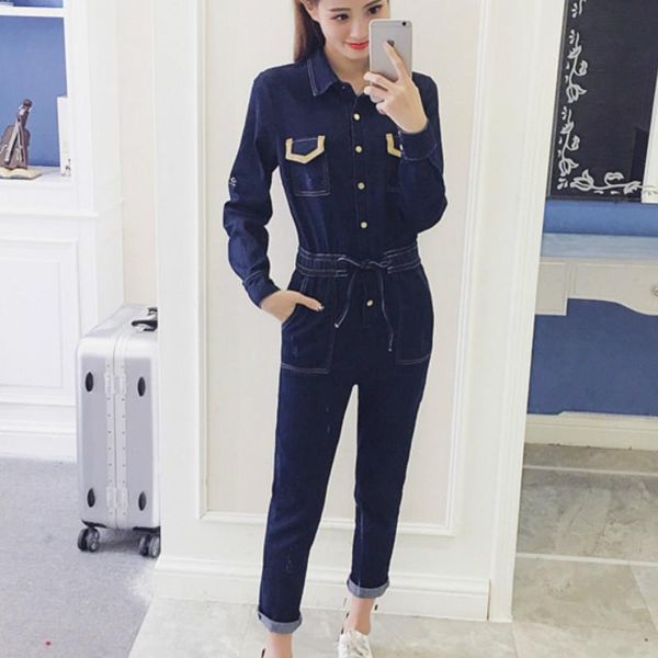 women's jumpsuits & rompers 2021 autumn vintage women clothes korean style bodycon casual dark blue high waist denim pants slim one pie, Black;white 
women's jumpsuits & rompers 2021 autumn vintage women clothes korean style bodycon casual dark blue high waist denim pants slim one pie, Black;white