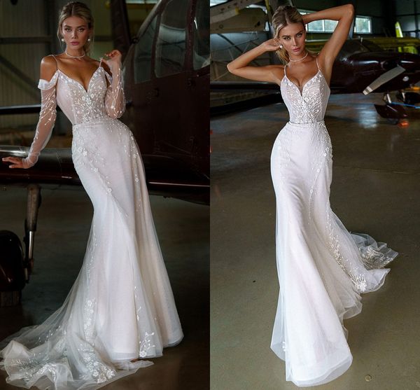 wedding dresses long sleeve mermaid v neck button appliqued spaghetti straps beading elegant long backless illusion 2022 bridal gowns, White
wedding dresses long sleeve mermaid v neck button appliqued spaghetti straps beading elegant long backless illusion 2022 bridal gowns, White