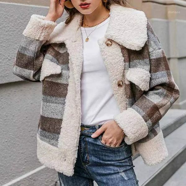 women's wool & blends 2021 vintage plaid jacket lamb coat women thicken warm casual loose fleece jackets coats with pocket spring autum, Black
women's wool & blends 2021 vintage plaid jacket lamb coat women thicken warm casual loose fleece jackets coats with pocket spring autum, Black