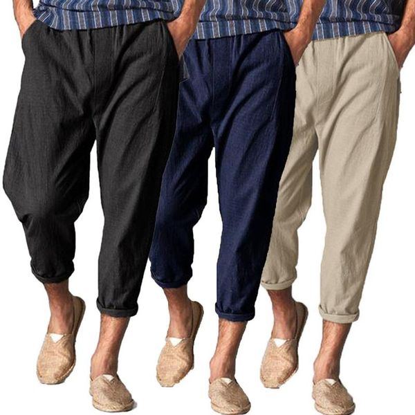men's pants men casual cropped wide-leg loose harem breathable cotton linen baggy drawstring waist trousers, Black
men's pants men casual cropped wide-leg loose harem breathable cotton linen baggy drawstring waist trousers, Black