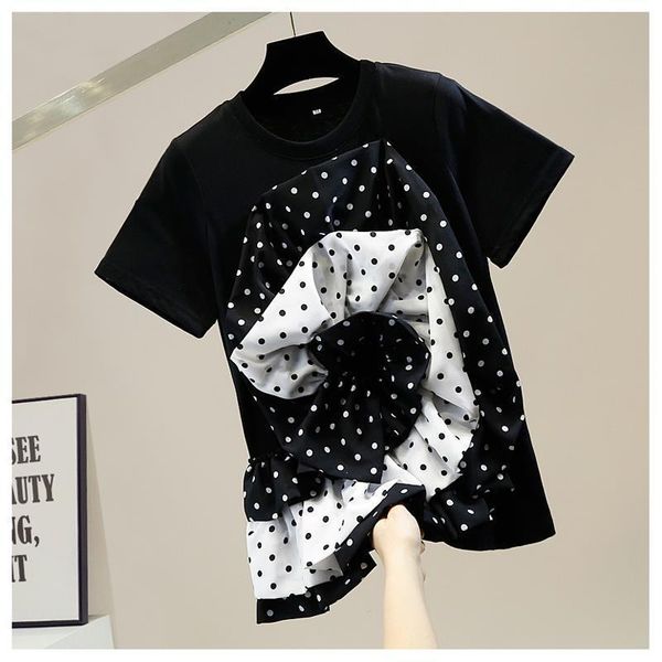 women's t-shirt fashionable pleated irregular three-dimensional polka dot big flower patchwork o neck short sleeve, White
women's t-shirt fashionable pleated irregular three-dimensional polka dot big flower patchwork o neck short sleeve, White