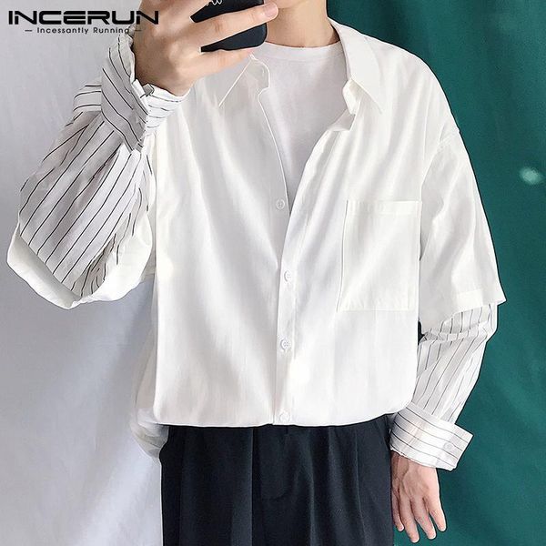 men's casual shirts incerun 2021 korean style long sleeves camisa loose blouse comfortable stitching handsome striped solid color shirt, White;black
men's casual shirts incerun 2021 korean style long sleeves camisa loose blouse comfortable stitching handsome striped solid color shirt, White;black