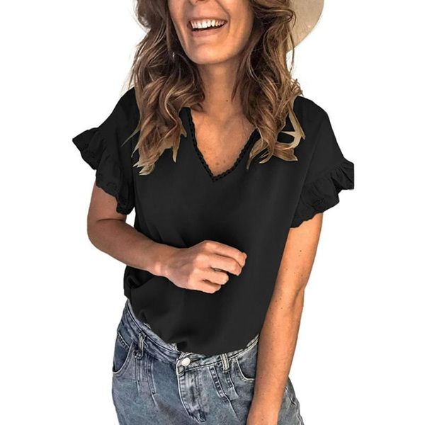 women's t-shirt summer solid short-sleeved female europe and the united states lace v collar wood ear jacket, White
women's t-shirt summer solid short-sleeved female europe and the united states lace v collar wood ear jacket, White