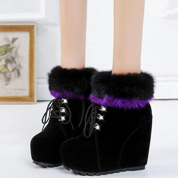 boots winter women's platform thick-soled women wedge ankle inner increase warm plush female high-heel, Black