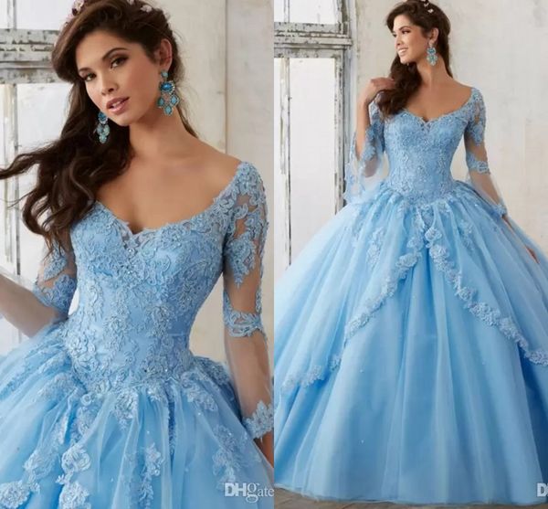 long sleeve sky blue ball gown quinceanera dresses 2022 v neck lace appliques long sweet 16 prom formal gowns vestidos de 15 anos, Blue;red 
long sleeve sky blue ball gown quinceanera dresses 2022 v neck lace appliques long sweet 16 prom formal gowns vestidos de 15 anos, Blue;red