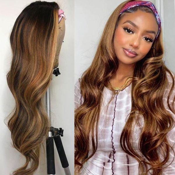 lace wigs 28 30 inches brazilian body wave highlight ombre 4/27 brown human hair preplucked colored headband for black women, Black;brown 
lace wigs 28 30 inches brazilian body wave highlight ombre 4/27 brown human hair preplucked colored headband for black women, Black;brown