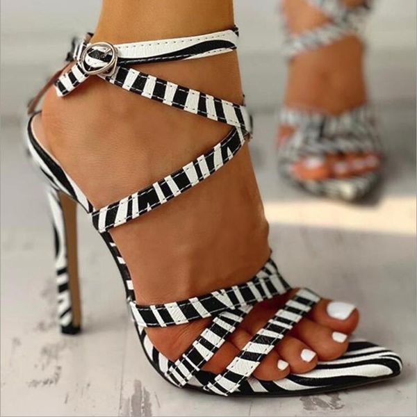 sandals 2021summer women high heel pointed fashion leopard print cross belt comfortable and versatile roman party shoes, Black