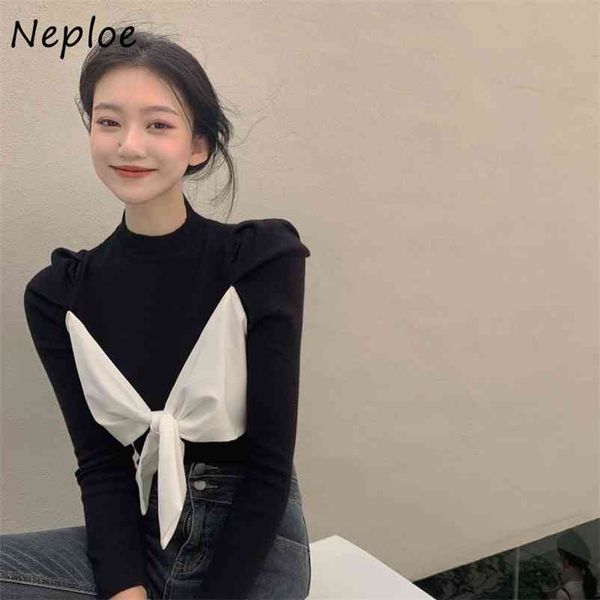 o neck pullover long sleeve knit sweater women bow design hit color slim fit pull femme autumn winter outwear sueter 210422, White;black
o neck pullover long sleeve knit sweater women bow design hit color slim fit pull femme autumn winter outwear sueter 210422, White;black