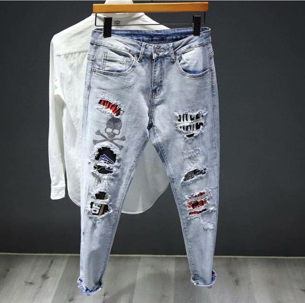 men's jeans hole embroidery high-end drilling light luxury denim summer thin style trendy skeleton slim feet pencil, Blue
men's jeans hole embroidery high-end drilling light luxury denim summer thin style trendy skeleton slim feet pencil, Blue