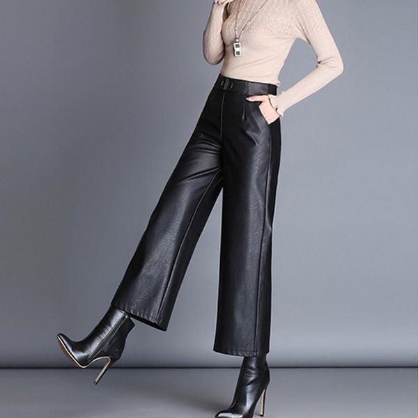 women's pants & capris 2021 pu leather wide leg women straight female trousers elastic waist faux office lady ankle length pant, Black;white
women's pants & capris 2021 pu leather wide leg women straight female trousers elastic waist faux office lady ankle length pant, Black;white