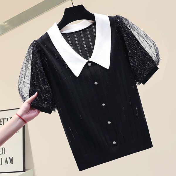 women's t-shirt 2021 summer sequin gauze short sleeve color stitching knitwear thin cardigan fashion elegant knitted, White
women's t-shirt 2021 summer sequin gauze short sleeve color stitching knitwear thin cardigan fashion elegant knitted, White