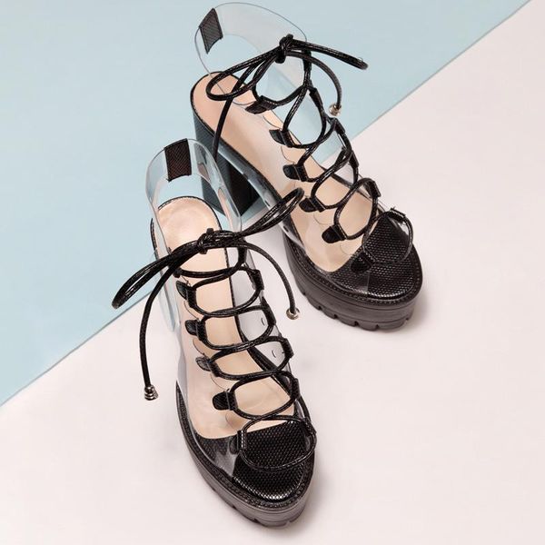 sandals women candy solid color lace-up fish mouth pvc boots transparent thick high heel platform heels, Black
sandals women candy solid color lace-up fish mouth pvc boots transparent thick high heel platform heels, Black