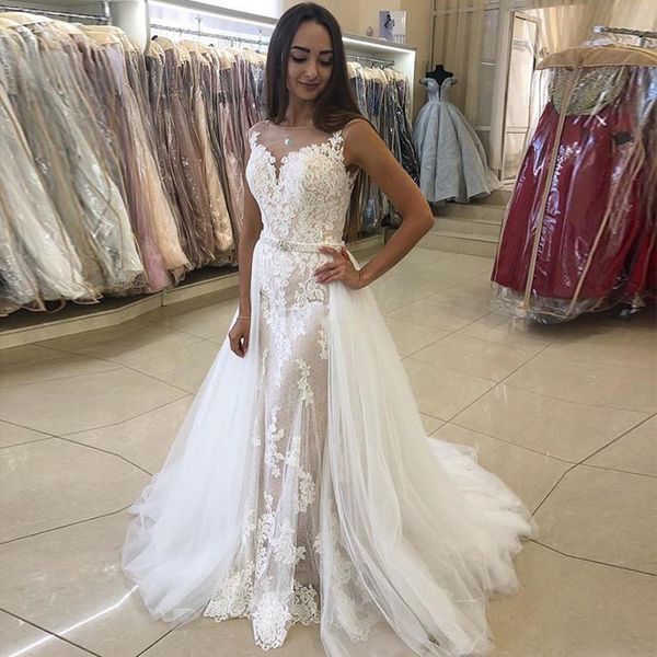 jewel neck lace mermaid wedding dresses appliqued bridal gowns detachable train tulle plus size bride dress vestidos de novia, White
jewel neck lace mermaid wedding dresses appliqued bridal gowns detachable train tulle plus size bride dress vestidos de novia, White