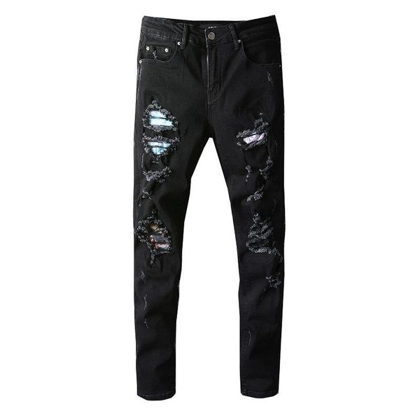men's fashion skinny biker jeans black ripped patchwork denim pants for male, Blue
men's fashion skinny biker jeans black ripped patchwork denim pants for male, Blue