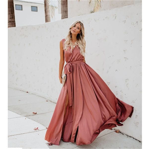 summer new bohemian solid color v-neck sleeveless high slit swing dress bandage dress, Black;gray