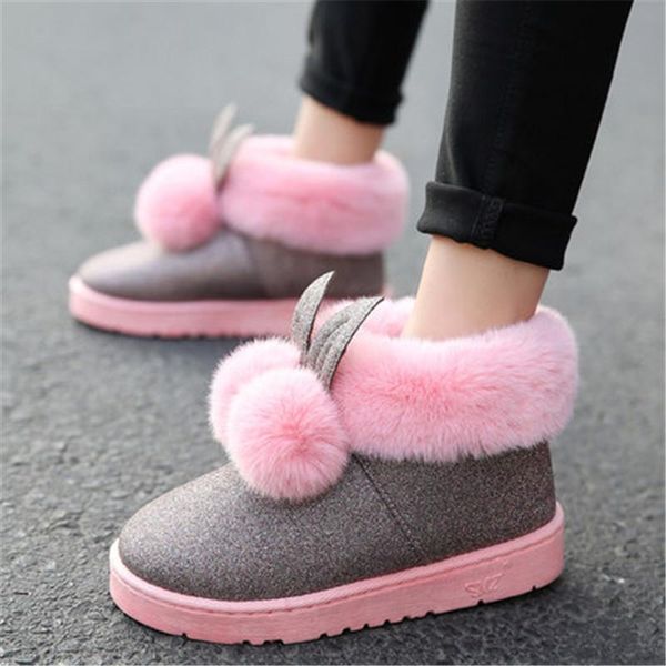boots 2021 lovely ears soft home women winter warm plush shoes woman ankle, Black