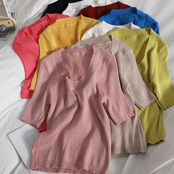 summer korean wild slim short-sleeved t-shirt for womens fashion u-neck solid color casual soft knit t-shirt sweater 210420, White;black
summer korean wild slim short-sleeved t-shirt for womens fashion u-neck solid color casual soft knit t-shirt sweater 210420, White;black