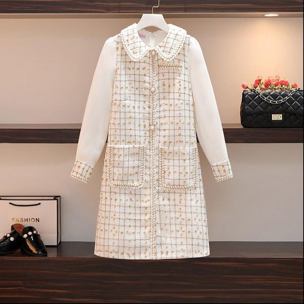 plus size womens dress fashion women woollen autumn winter plaid tweed patchwork chiffon peter pan collar pockets a line, Black;gray
plus size womens dress fashion women woollen autumn winter plaid tweed patchwork chiffon peter pan collar pockets a line, Black;gray