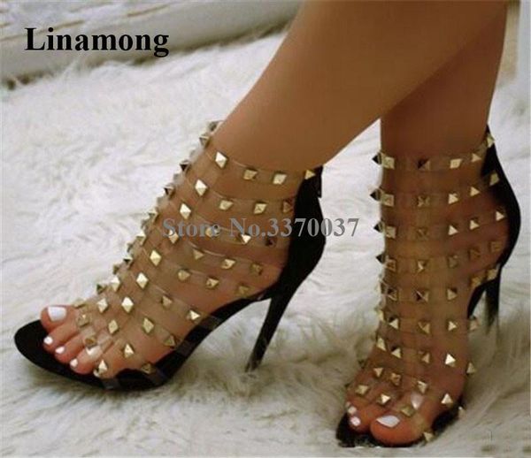 women fashion open toe pvc straps stiletto heel gold rivet gladiator sandals cut-out back zipper-up high dress, Black
women fashion open toe pvc straps stiletto heel gold rivet gladiator sandals cut-out back zipper-up high dress, Black