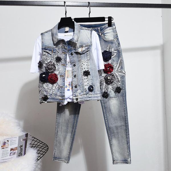 women's two piece pants 2021 spring jeans sets stereo flower embrodiery denim vest + pant suit, White
women's two piece pants 2021 spring jeans sets stereo flower embrodiery denim vest + pant suit, White
