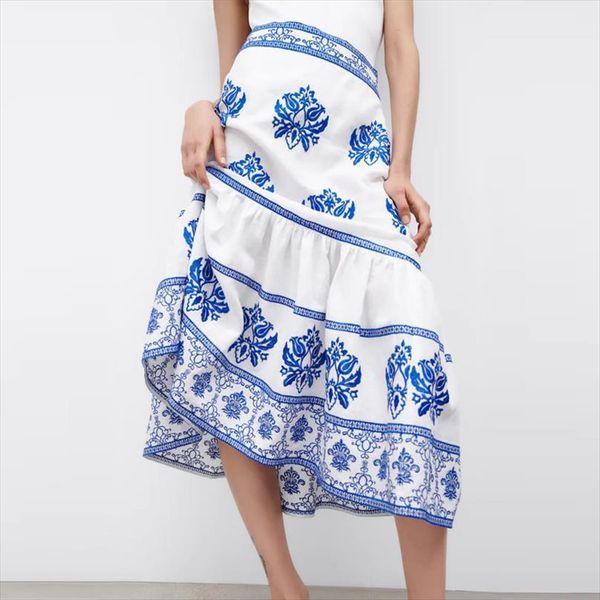 za blue embroidery long womens skirt high waist ruffle elegant pleated midi woman boho summer, Black
za blue embroidery long womens skirt high waist ruffle elegant pleated midi woman boho summer, Black
