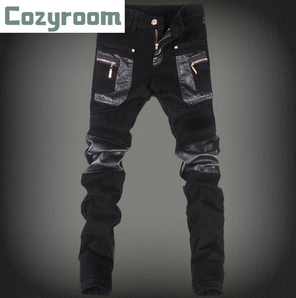 men personality leather pants korean skinny small feet pencil male fashion denim stitching pu slim motorcycle trousers men's, Black
men personality leather pants korean skinny small feet pencil male fashion denim stitching pu slim motorcycle trousers men's, Black
